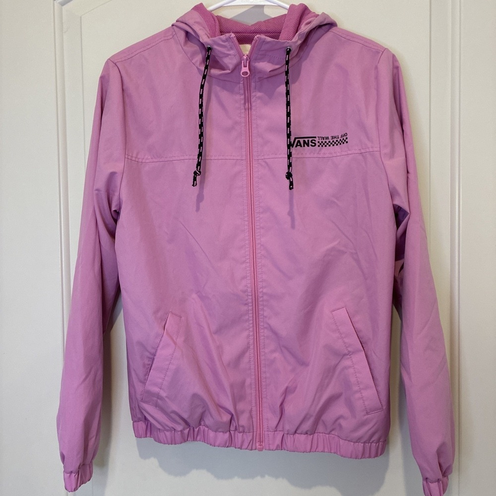 Vans Off The Wall Womens XS Pink Hooded Windbreaker Full Zip Mesh Lined Jacket
